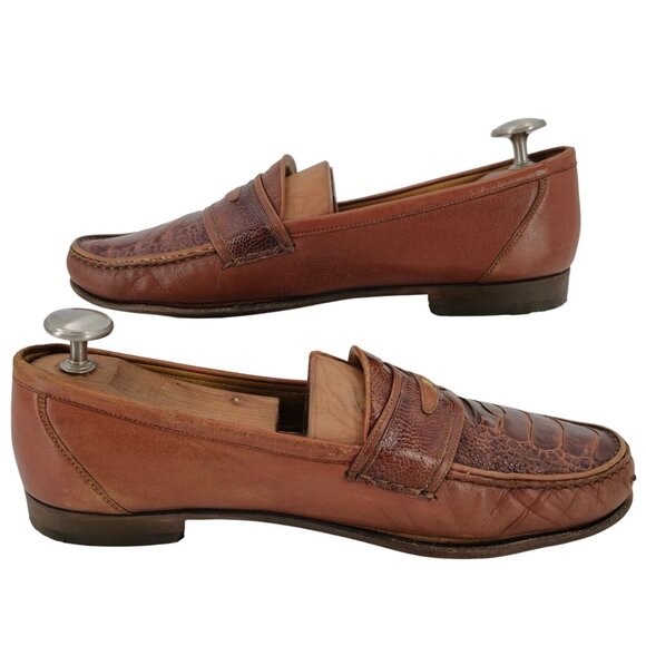 Vintage Bally Italy Exotic Ostrich Leg Leather Brown Loafers Mens 12 Dress Shoes - Picture 7 of 11